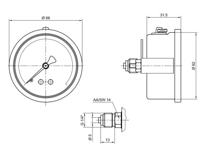 Pakkens 0-160 Bar 63 mm Arkadan Bağlantılı Panotipi Gliserinli Manometre G 1/4 inç