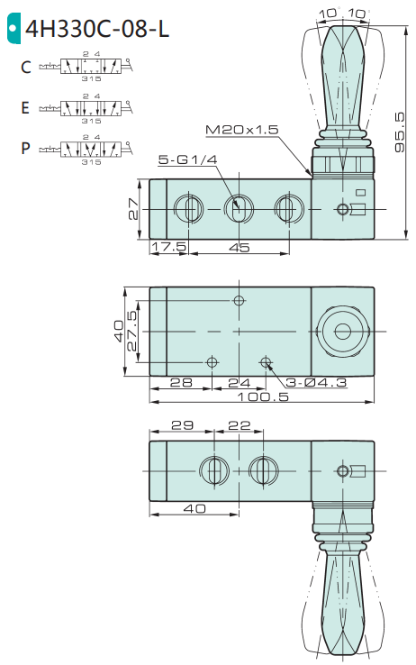 Jelpc 4H330 Pnömatik Yön Kontrol Valfi 5/3 Kol Kumandalı 08-1/4'' - Kapalı Merkez - (L) Kremayerli