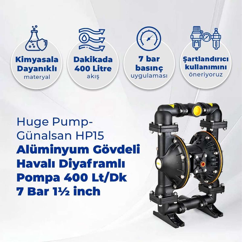 Huge Pump-Günalsan HP15 Alüminyum Gövdeli Diyaframlı Havalı Pompa 400 Litre/Dakika 7 Bar 1½ inch Viton