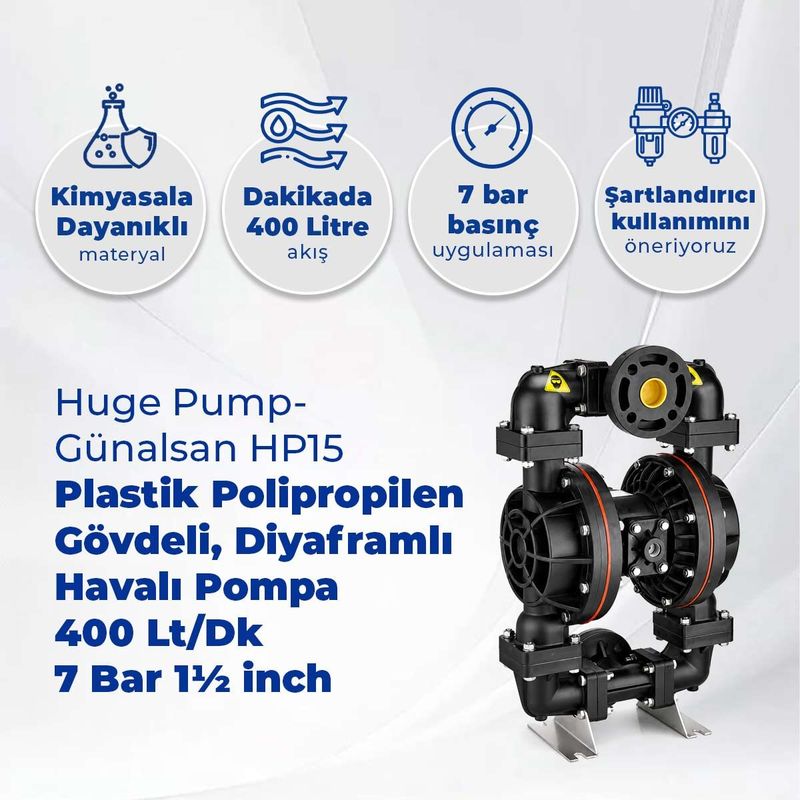 Huge Pump-Günalsan HP15 Plastik Polipropilen Gövdeli Diyaframlı Havalı Pompa 400 Litre/Dakika 7 Bar 1½ inch Neoprene