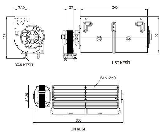AIRCOL AKS 680-240 Tanjansiyel Radyal Fan245 mm Genişilk 160 m³/h
