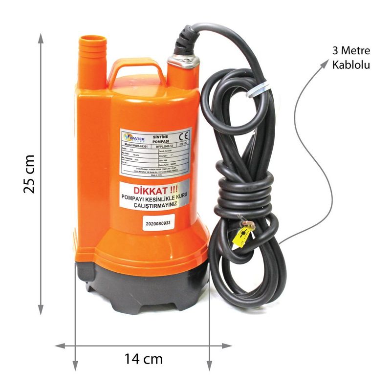 12 Volt DC Drenaj Dalgıç Pompa 7 Mt Yükseklik 7.5 m³/h