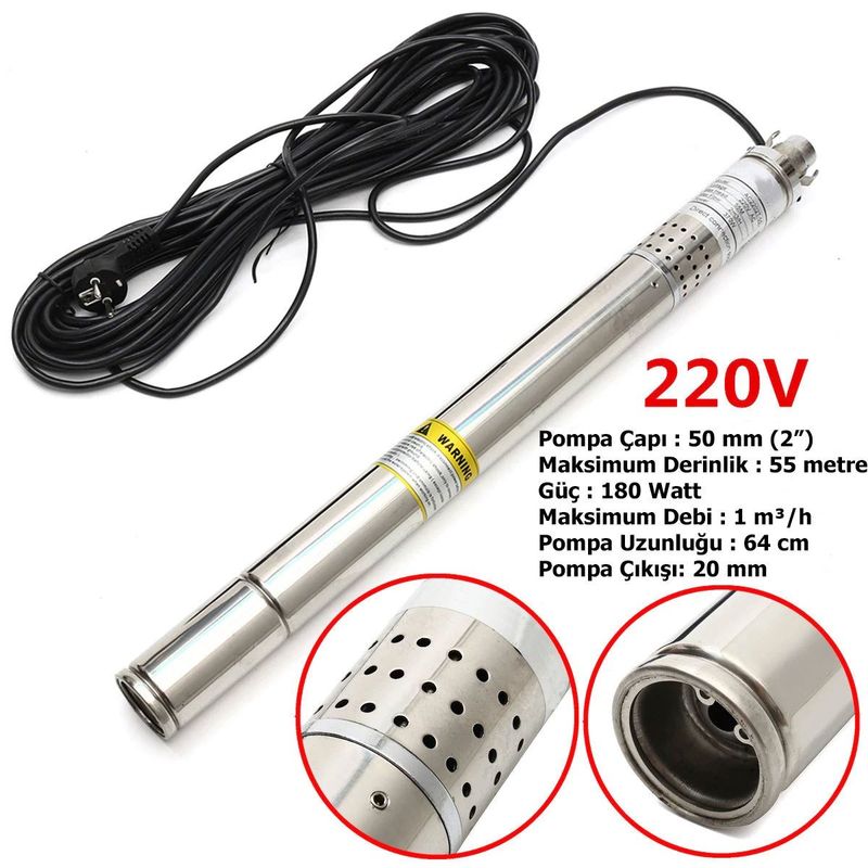 2 inch 50 mm Dış Çap En İnce Dalgıç Pompa 10 Metre Kablolu 180 Watt 55 mss 1 m³/h