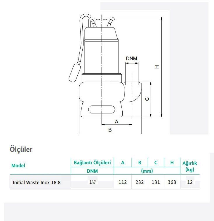 Wilo Waste Inox 18.8 Kirli Su Paslanmaz Gövdeli Drenaj Dalgıç Pompa 8 mss 18 m³/h 220 Volt