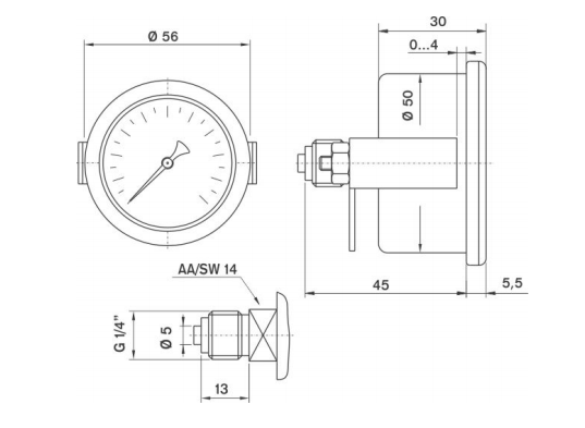Pakkens 0-6 Bar 50 mm Panotipi Arkadan Bağlantılı Kuru Manometre G 1/8 inç
