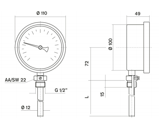 Pakkens Termometre 0-120 °C Çap 100 mm Daldırma Boyu 10 cm Alttan Bağlantılı G 1/2 inç