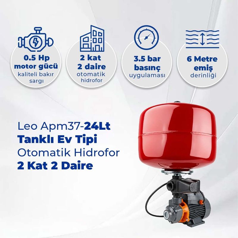 Leo Apm37-24Lt Tanklı Ev Tipi Otomatik Hidrofor 2 Kat 2 Daire