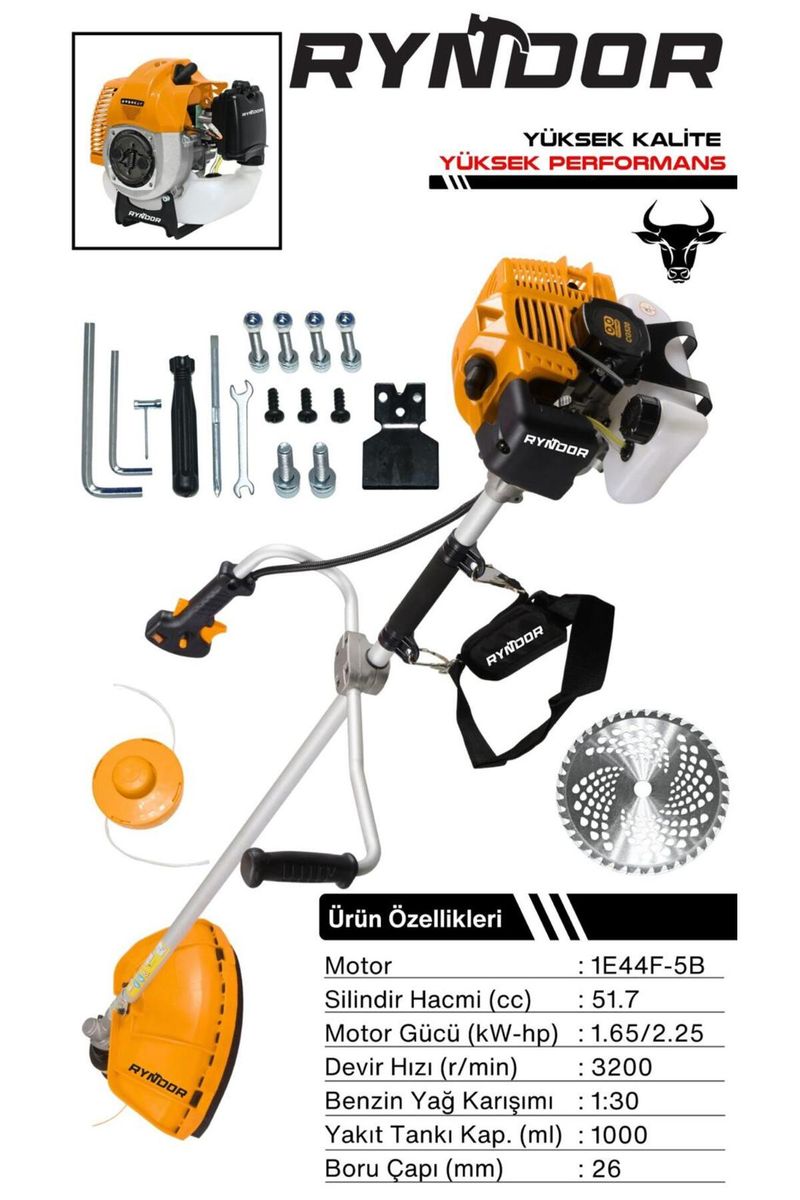 Ryndor Benzinli Tırpan 52 cc 2,25 HP, Çim ve Ot Biçme Makinesi