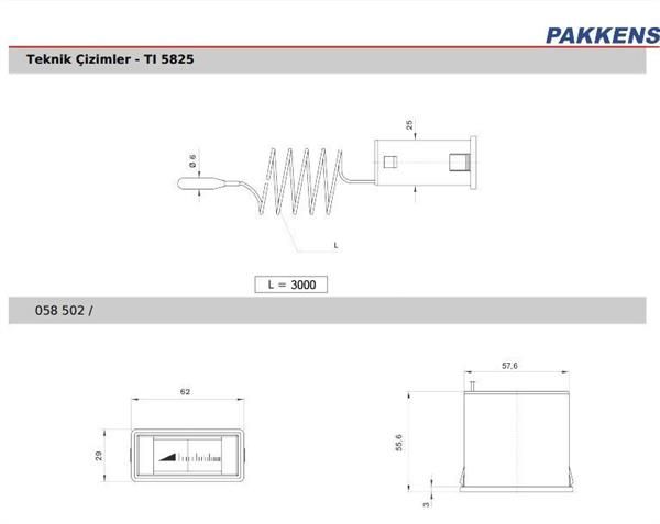 Pakkens 58x25 mm 0/+120 °C Arkadan Bağlantılı Gazlı Termometre 3mt Kapiler Boyu