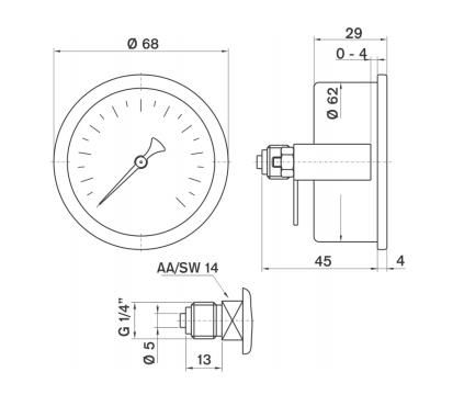 Pakkens 0-6 Bar 63 mm Arkadan Bağlantılı Panotipi Kuru Manometre G 1/4 inç