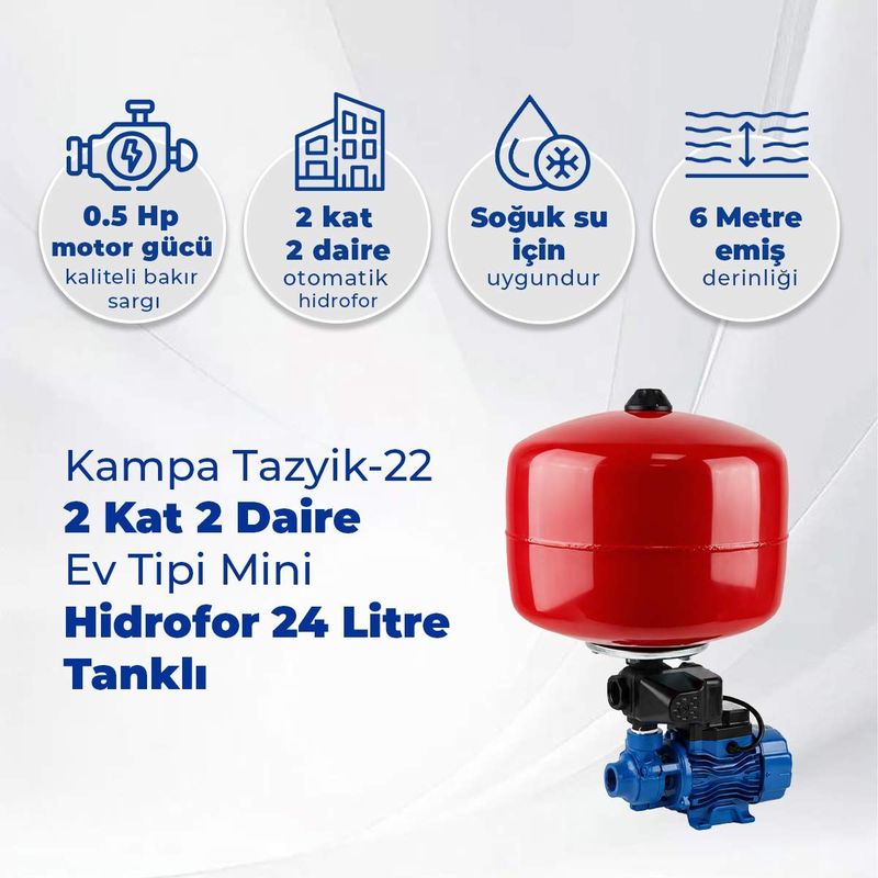 Tazyik-22 2 Kat 2 Daire Ev Tipi Mini Hidrofor 24 Litre Tanklı