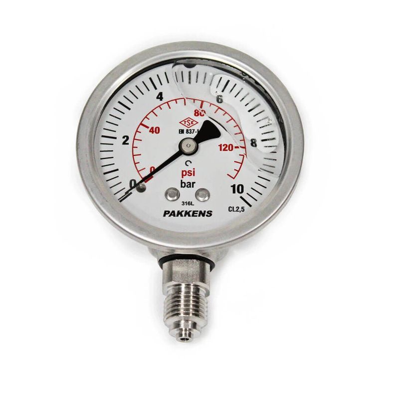 Pakkens 0-10 Bar 63 mm Alttan Bağlantılı Gliserinli Paslanmaz Manometre G 1/4 inç