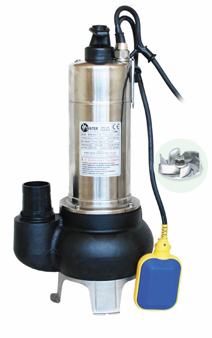 Water Sound WQD20-8-1.1F Paslanmaz Gövde Kirli Su Aktarma, Drenaj Dalgıç Pompa 11 mt. Yükseklik 23 m³/h