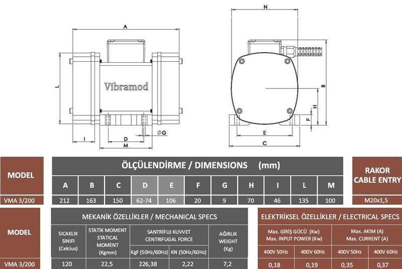 Vibramod VMA 3/200 Vibrasyon Motoru Trifaze (380V) 3000 Devir 226,38 Kgf 0.18 Kw